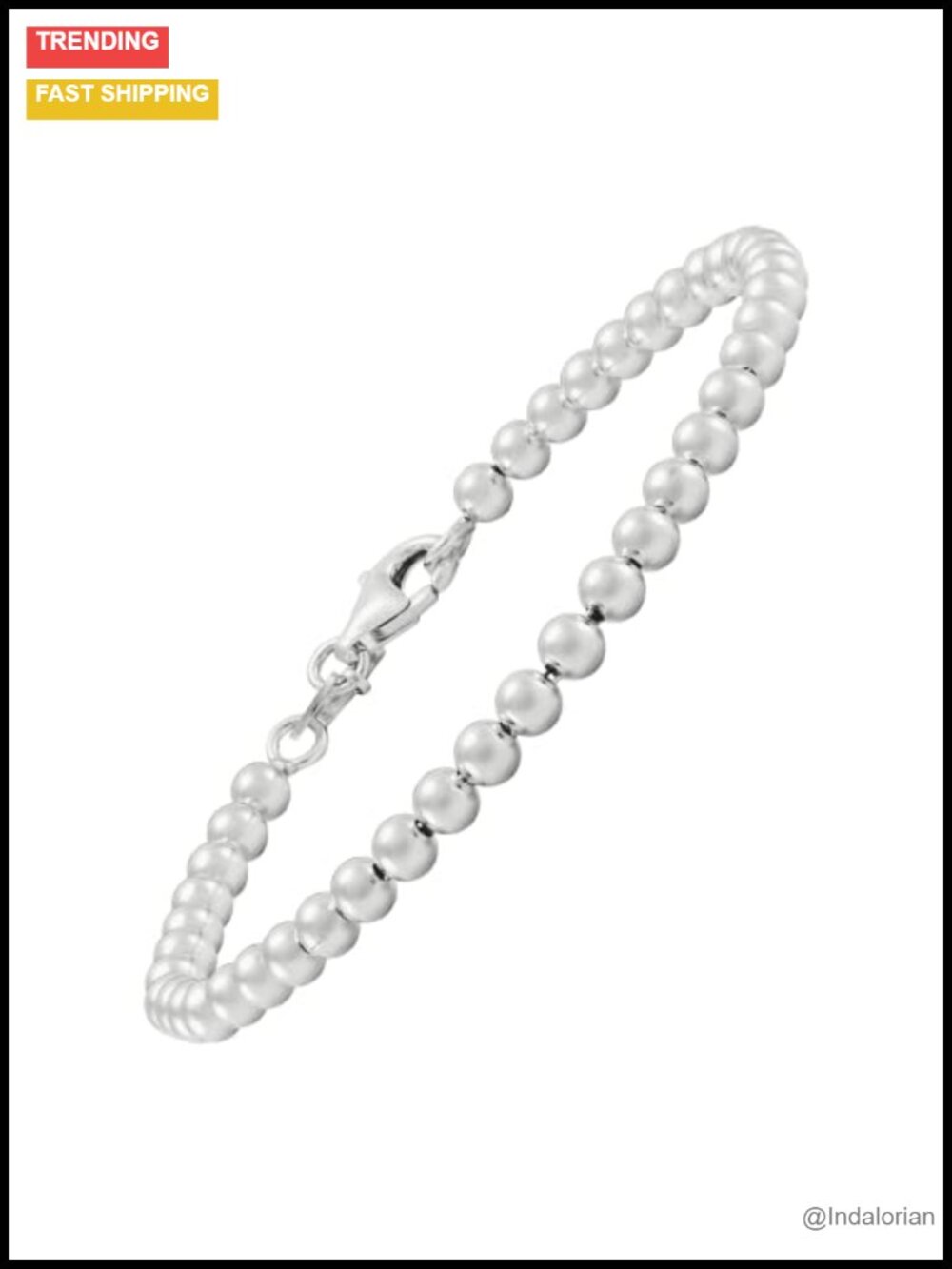 Sterling Silver 4mm Beaded Link Bracelet Lobster Clasp 7.5"